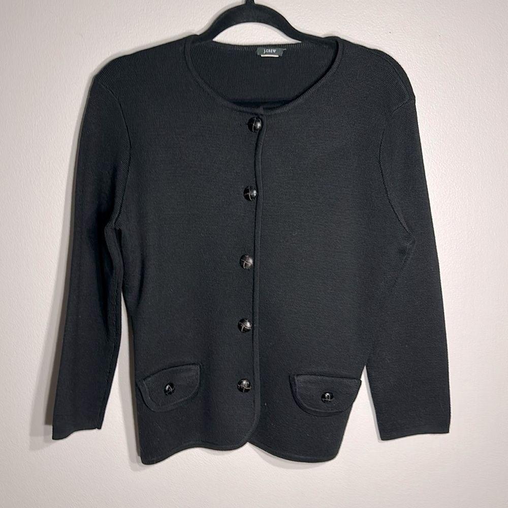J Crew Wool Blend Heavy Knit Black Cardigan Leather Wrap Buttons